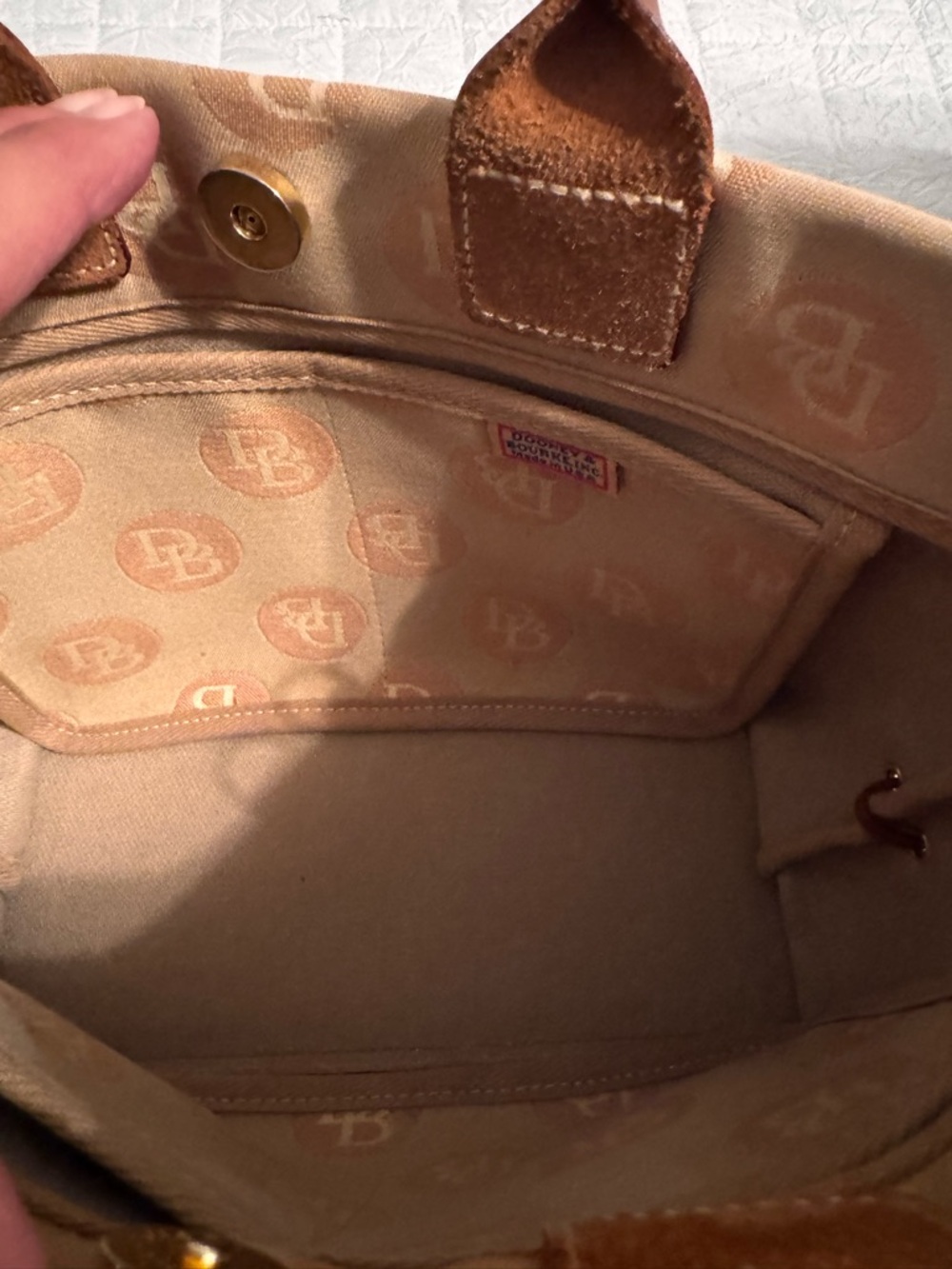 Dooney & Bourke Tan and Brown Logo Drawstring Tote with Removable Strap - Picture 2 of 11